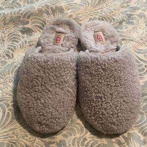 UGG Plush Cozy Fluffy Gray Slippers with Brown Sole